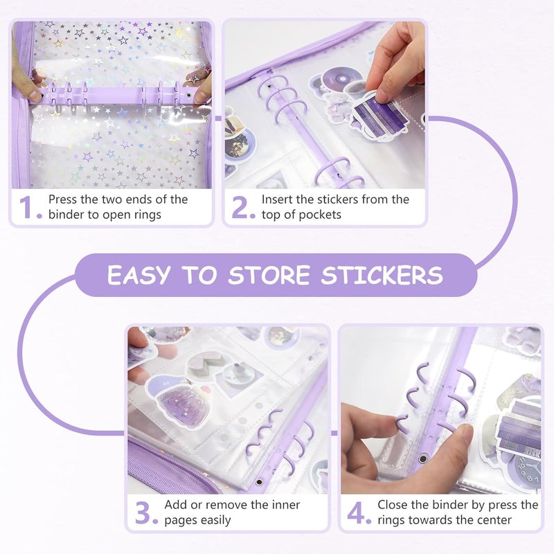 Ruatu Sticker Organizer Binder - Reusable Sticker Collecting Book Storage Album Holder with Pocket Pages A5 Zipper Cover Collection Container (Purple) - Image 4